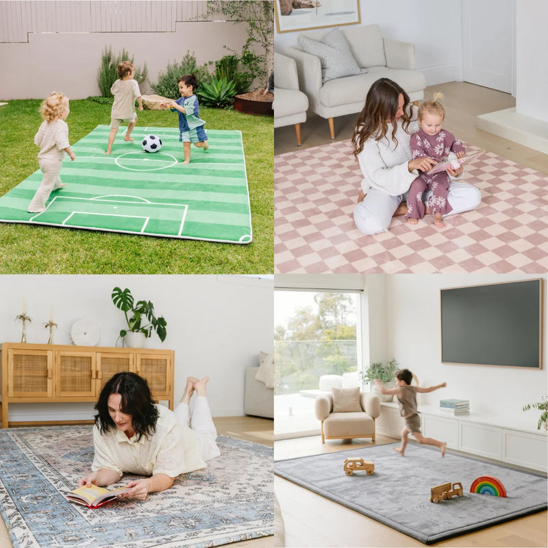 A four-panel collage showing children and adults using large rectangular play mats in different home and outdoor settings. The top-left panel shows children playing soccer on a green turf-style mat outdoors.